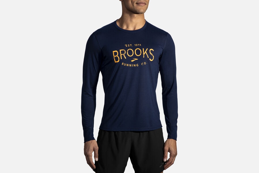 Brooks Men's Distance Graphic Long Sleeve Tops Navy/Brooks Heritage ( MNTVJ4698 )